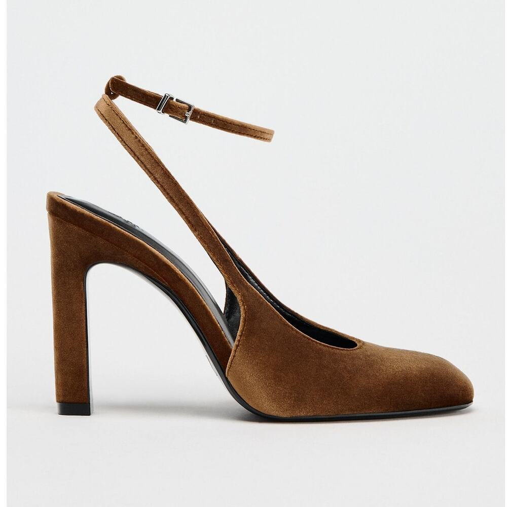 Zara NWT Brown Ocher Velvet Ankle Strap Rounded Toe High Heel Pumps 8 - Picture 12 of 16